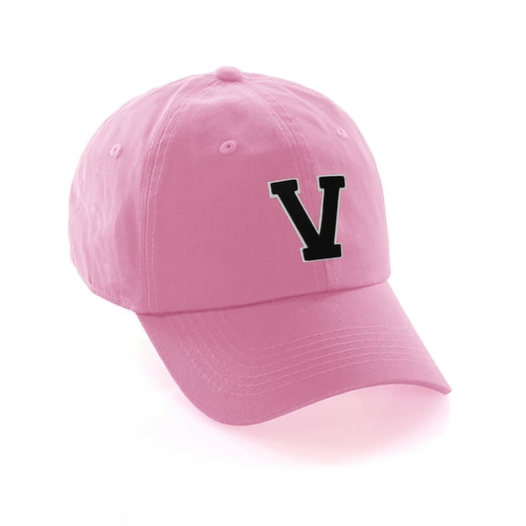 Customized Letter Intial Baseball Hat A to Z Team Colors, Pink Cap White Black Letter V