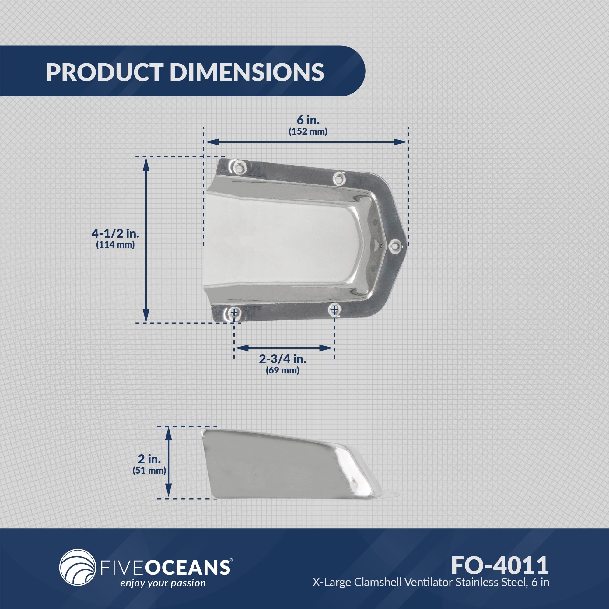 Five Oceans 316 Stainless Steel Marine Clamshell Vent Cover, 2-Pack - Base 6-Inch L x 4-1/2-Inch W - FO4011-M2