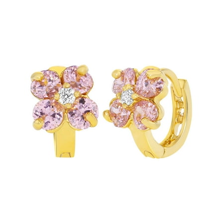 14k Gold Plated Pink White Crystal Flower Huggie Hoop Earrings S 14k Gold Plated Pink White Crystal Flower Huggie Hoop Earrings S 10mm