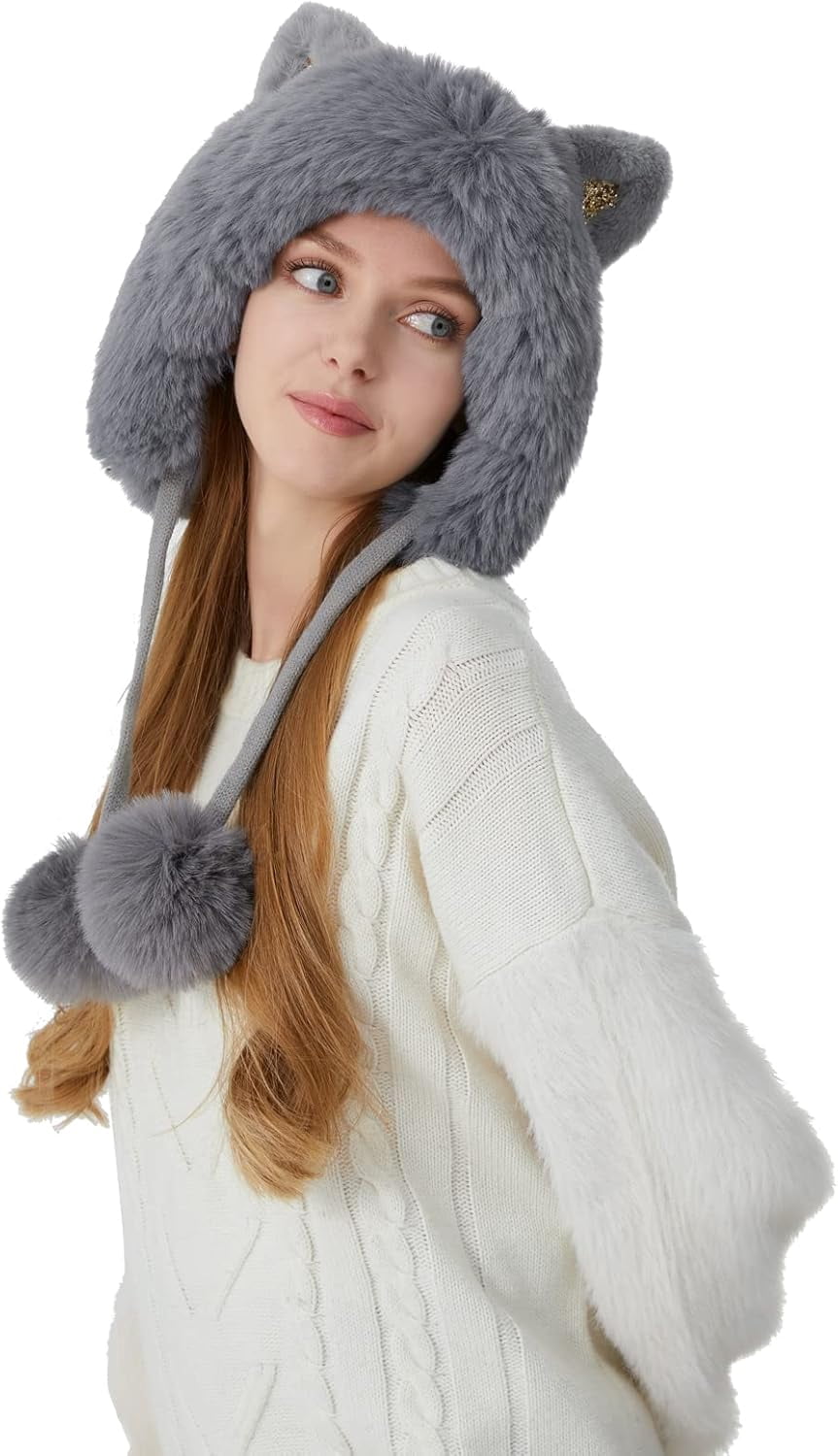 Women Winter Cover Ears Beanie Hat Ear Flaps Ski Snow Hats Knit Fleece Lined 3 Pom Pom