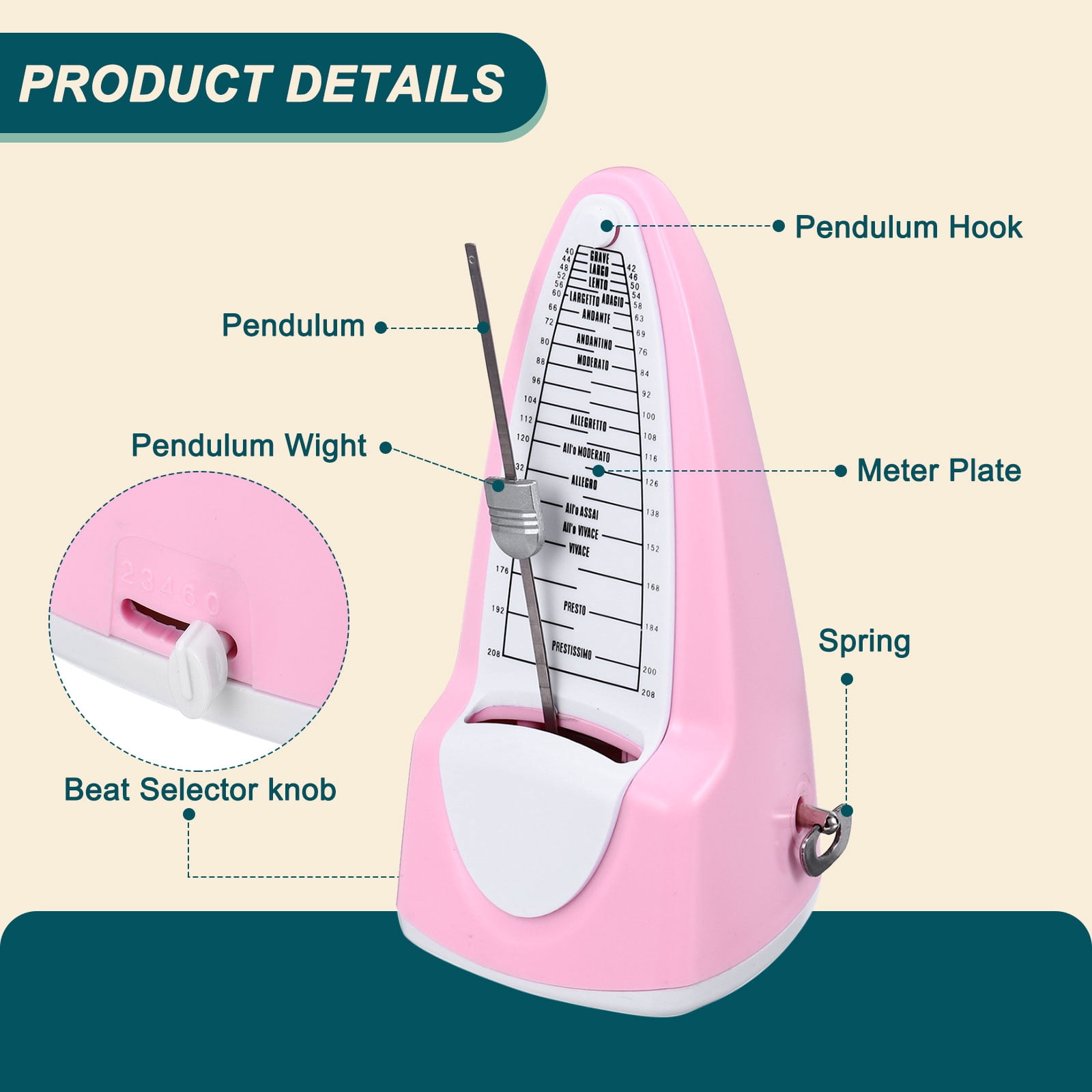 Uxcell Mechanical Metronome High Accuracy Musical Timer Universal Metronome for Piano Guitar Violin Ukulele Player Pink