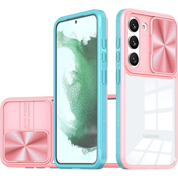Compatible with Samsung Galaxy S23 Case Shockproof, Samsung S23 Phone Case Silicone with Slide Camera Lens Protector Cover Ultra Slim Transparent Protective Cases for Women Girls (Pink Cyan)
