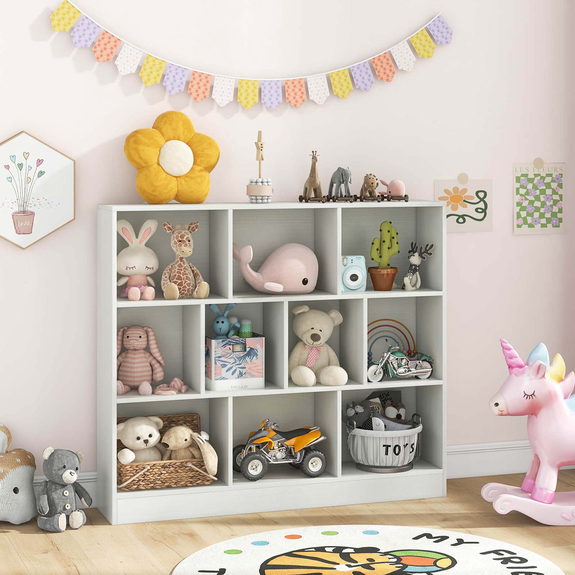 Costway 10-Cube Bookcase for Kids 41"Wooden Toy Storage Organizer for Kid’s Room White