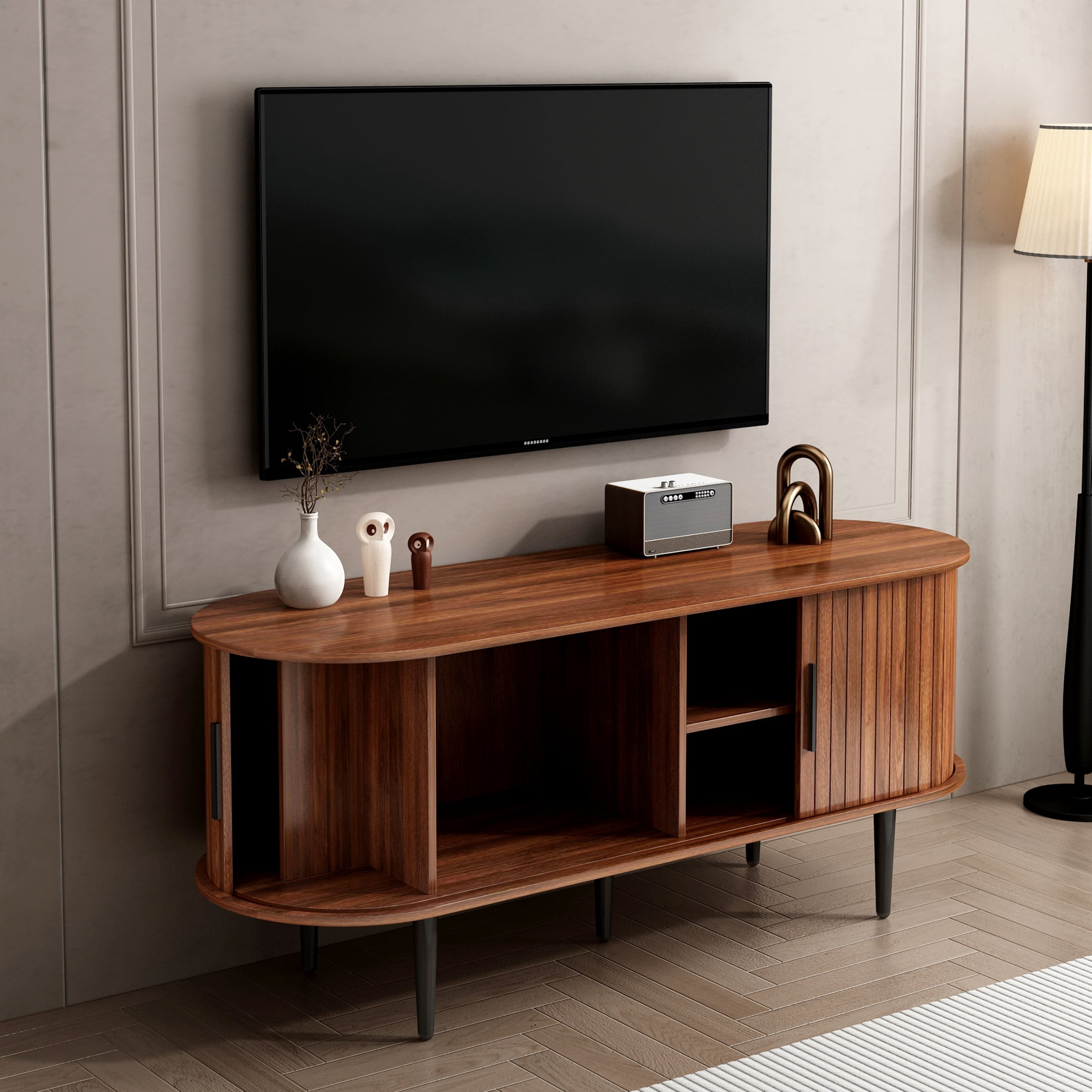 Atumcto 47" Wooden TV Stand, Modern Entertainment Center with Storage Compartment and Sliding Door, Walnut Finish