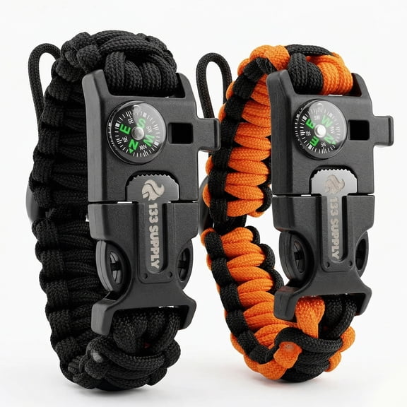 133 Supply 2 pk Paracord Bracelet Compass Whistle Fire Starter Hiking Camping Fishing Survival Hunting Gear Men Women Kids