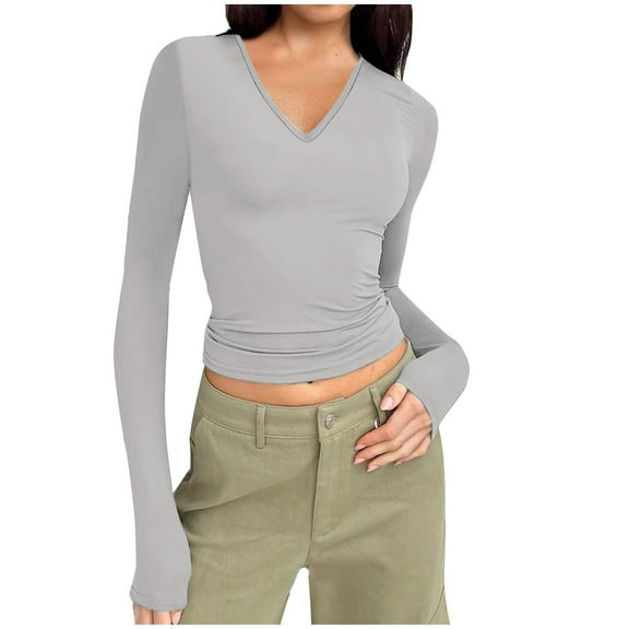 ZyeKqe Going out Tops for Women Long Sleeve Tops Casual V Neck Crop Top Slim Fitted Stretchy Slim Fitted Basic Tees