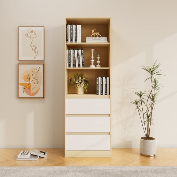 RichYa 71"H Tall Entryway Bookcase with Drawers,Storage Cabinet with Open Shelf,3 Tier Bookshelf for Living Room,Entryway,Wood