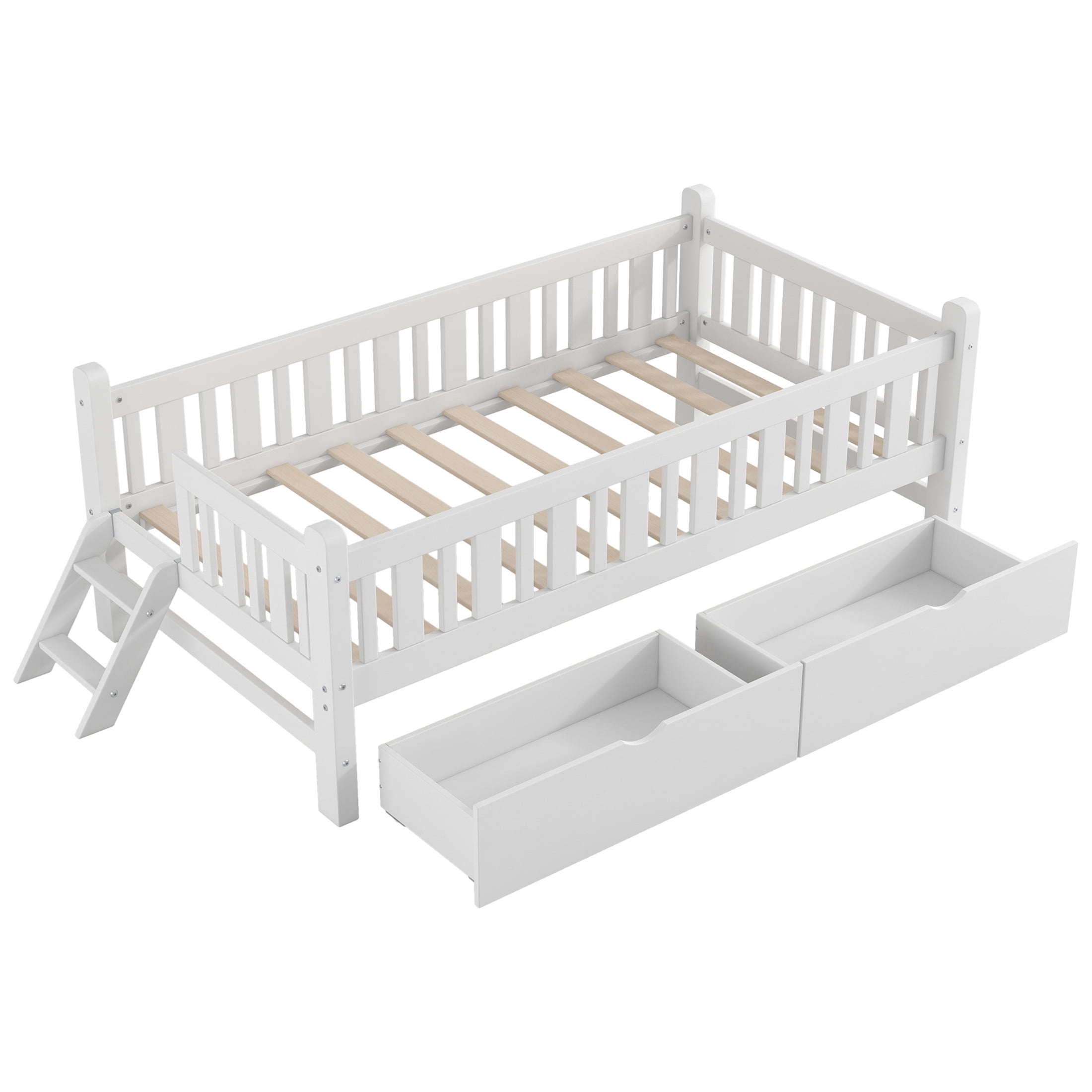 Noble House Wood Twin Platform Bed, Semi-Enclosed Fence Guardrail Bed with Storage Drawers, Solid Pine Wood, White