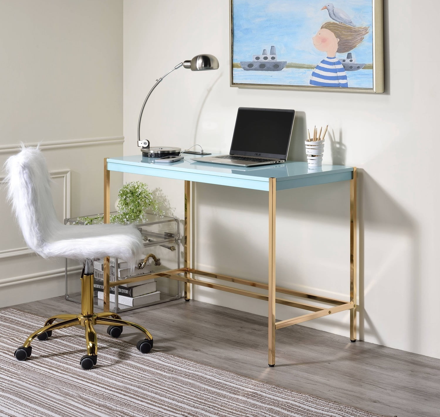 Modern Writing Desk with USB Port, Baby Blue & Gold Finish Minimalist Computer Desk for Home Office Bedroom Study