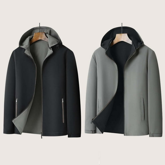 Donemore Men's Solid Color Reversible Long Sleeve Hooded Jacket with Detachable Hood and Zipper Pockets Casual Outwear Versatile Daily Commute Style
