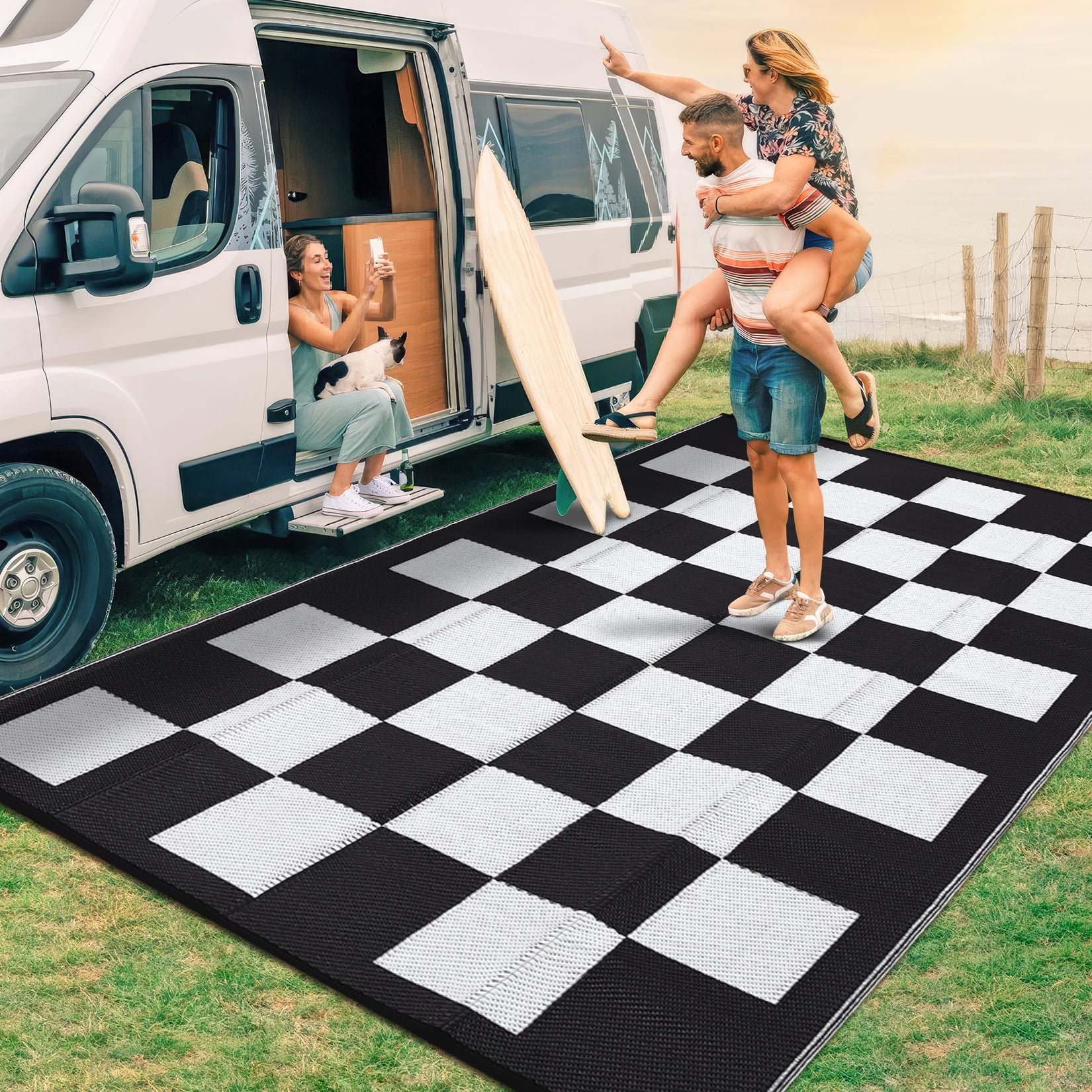 Waterproof Outdoor Checkerboard Rug - All-Weather Plastic Straw Mat for Patio & Deck, 9*12ft