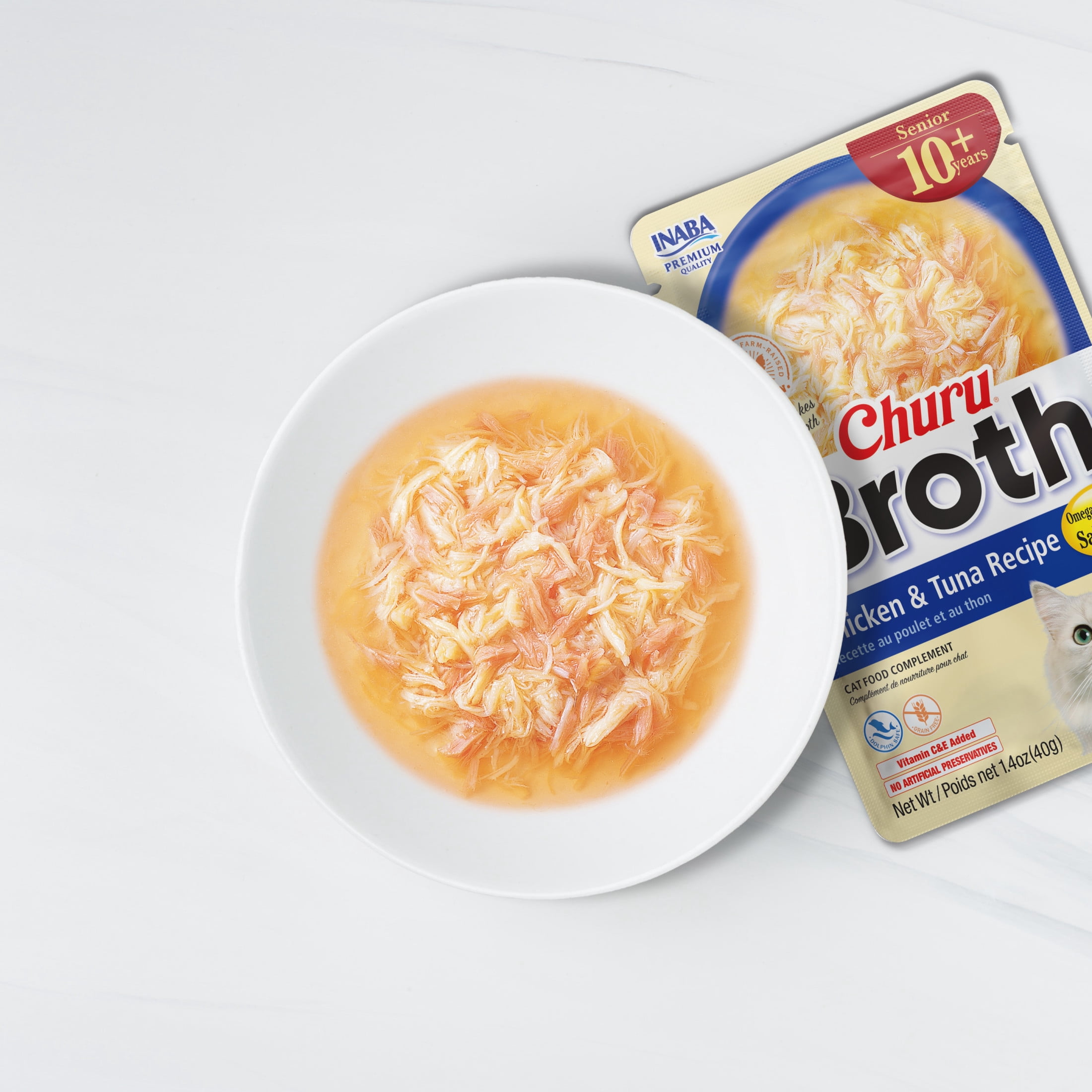 Inaba Churu Broth Senior Lickable Wet Cat Topper, 1.76 oz Pouch, 12 Pouches, Chicken&Tuna