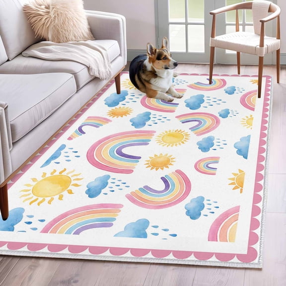 Rainbow Sunshine Area Rugs 2.7'x5', Washable Small Throw Rugs for Kitchen Bedroom, Rainy Cute Pink Border Indoor Outdoor Rug Non-Slip Low Pile Carpet Runner Reversible Floor Mats