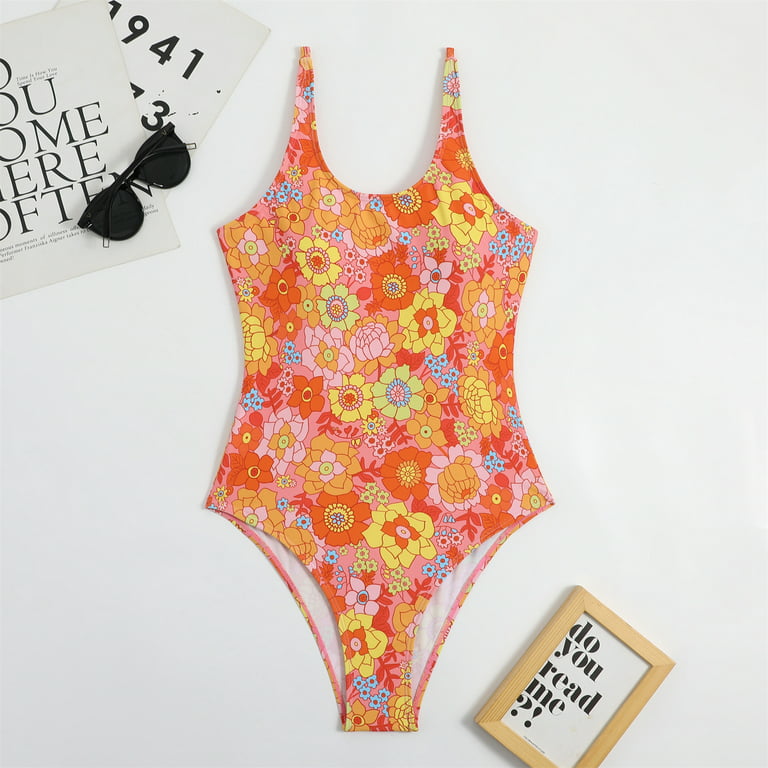 Zkozptok Women's One Piece Bathing Suit Athlete Sleeveless Strap Bikini  Floral Print Swimwear Tummy Control Bra Swimdress,Orange,L 