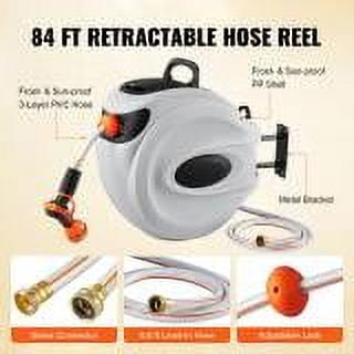 KFFKFF Retractable Hose Reel, 84 ft x 5/8 inch, 180° Swivel Bracket Wall-Mounted, Garden Water Hose Reel with 9-Pattern Nozzle, Automatic Rewind, Lock at Any Length, and Slow Return System