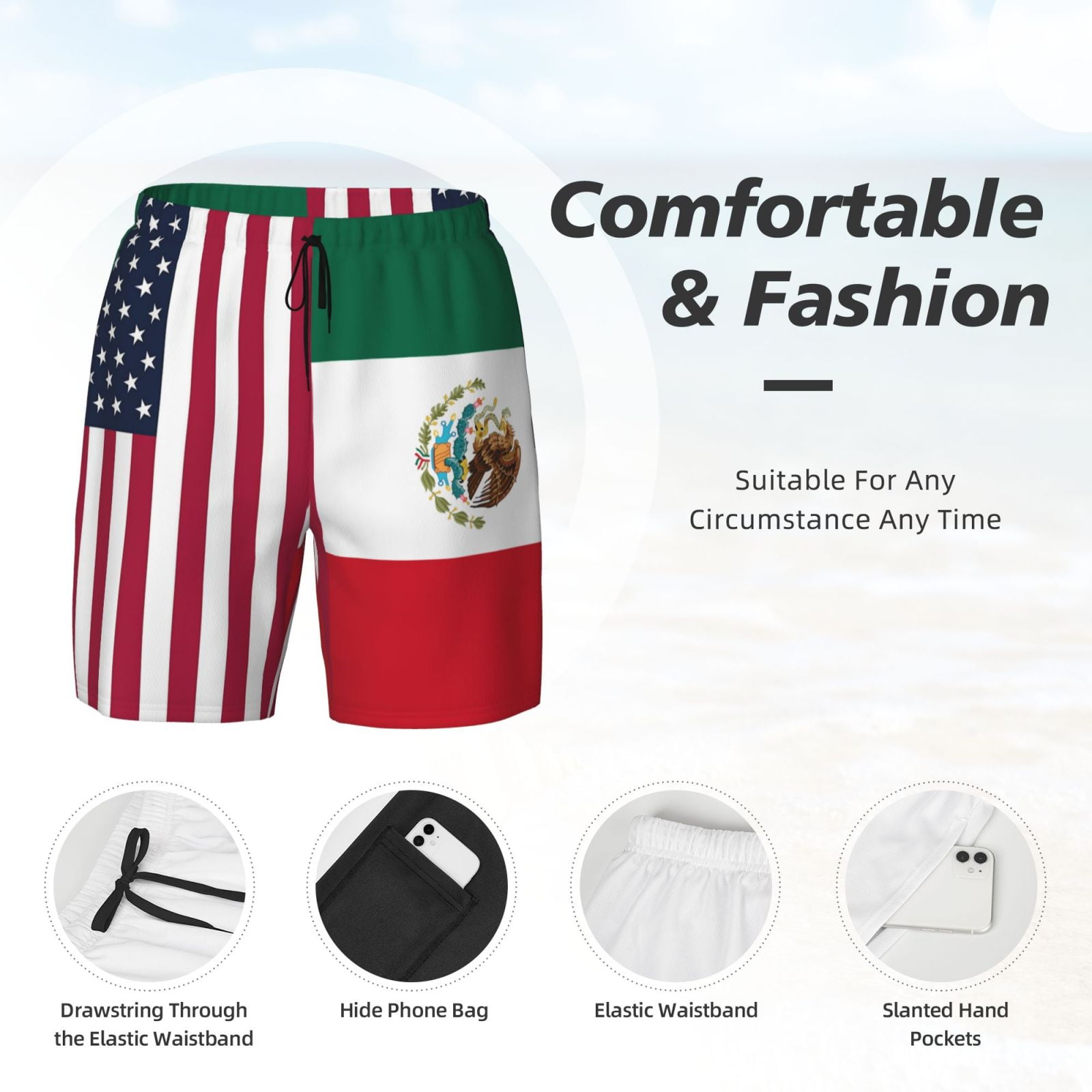 Men's America Mexico Flag Swim Trunks with Compression Liner Bathing Suit Swimwear
