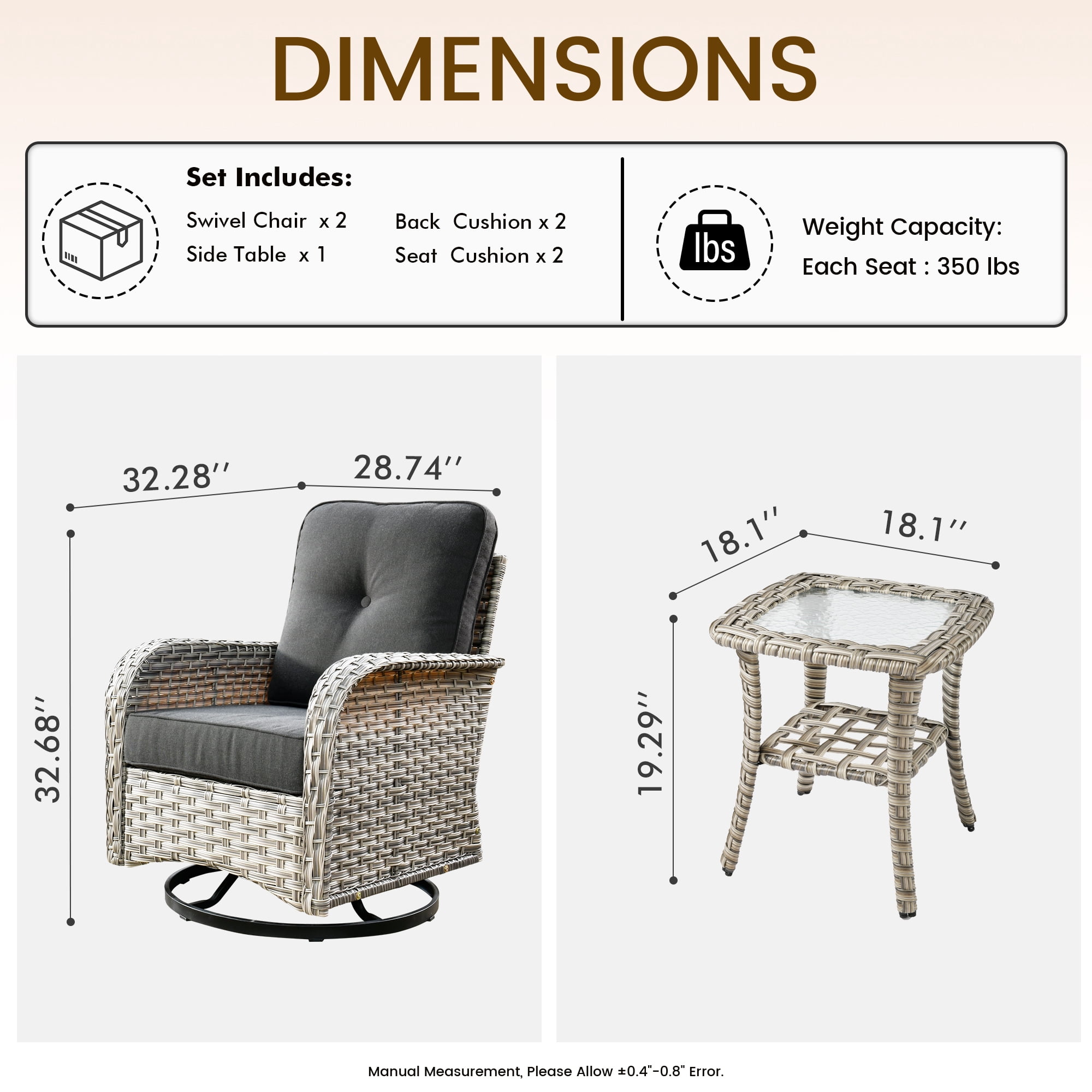 Vcatnet 3 Pieces Outdoor Patio Furniture Wicker Swivel Rocking Chair Swivel Rocker Patio Chairs Set of 2 with Side Table for Porch, Backyard, Black