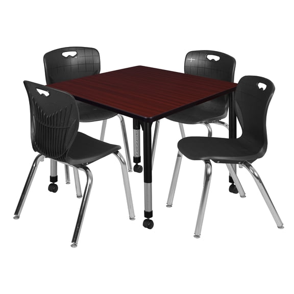 Romig Trek 42 in. Square Mobile Adjustable Classroom Table- Mahogany & 4 Andy 18 in. Stack Chairs- Black