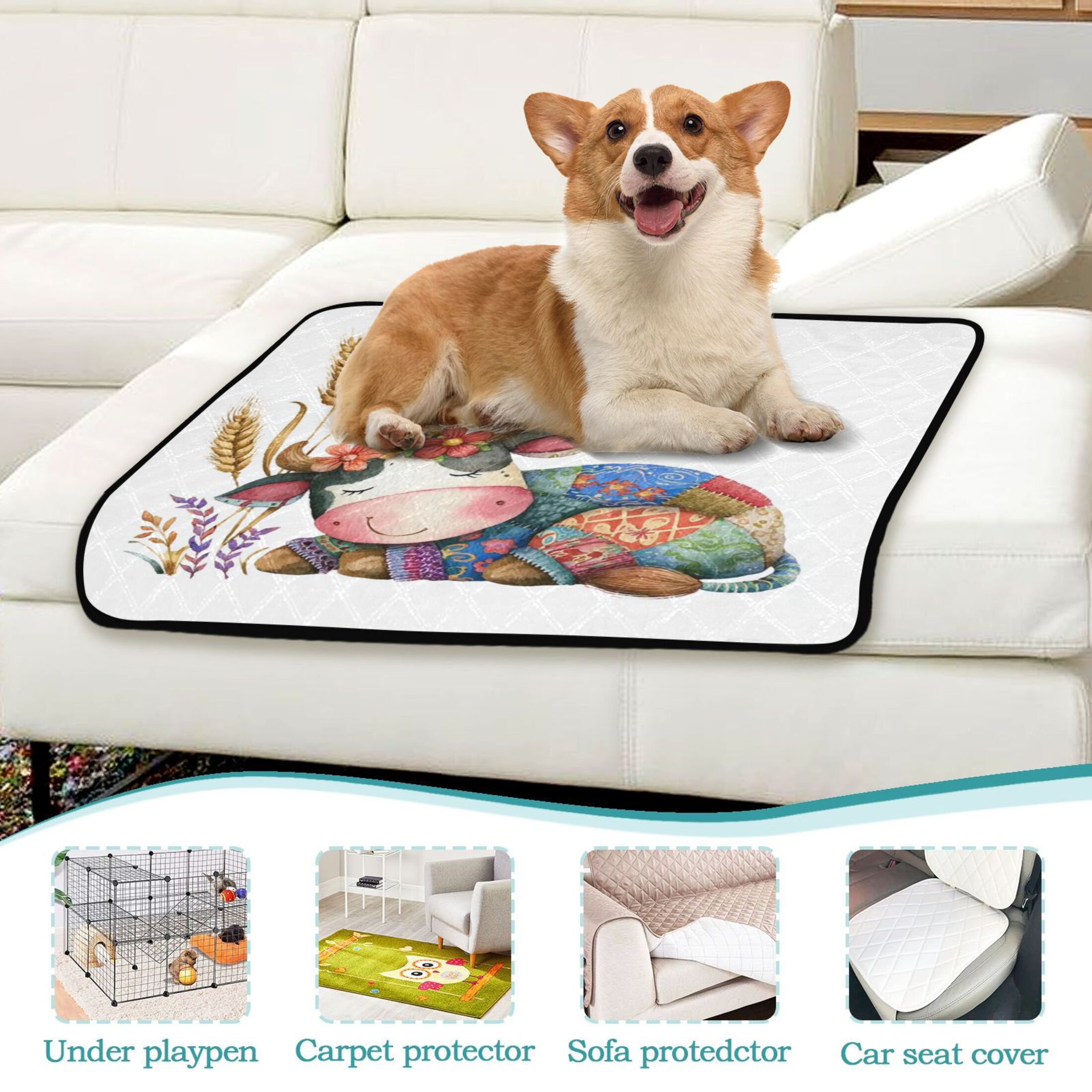 IAUYY Washable Pee Pads for Dogs Smallx3 Absorbent and Leak-Proof Non-Slip Reusable Puppy Pee Pads for Dogs Applicable to Playpen Potty Crate Watercolor Cow Illustration Style