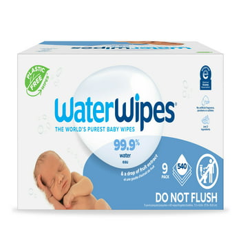 WaterWipes Plastic-Free Original Baby Wipes, 99.9% Water Based Wipes, Fragrance-Free for Sensitive Skin, 540 Count (9 Packs)