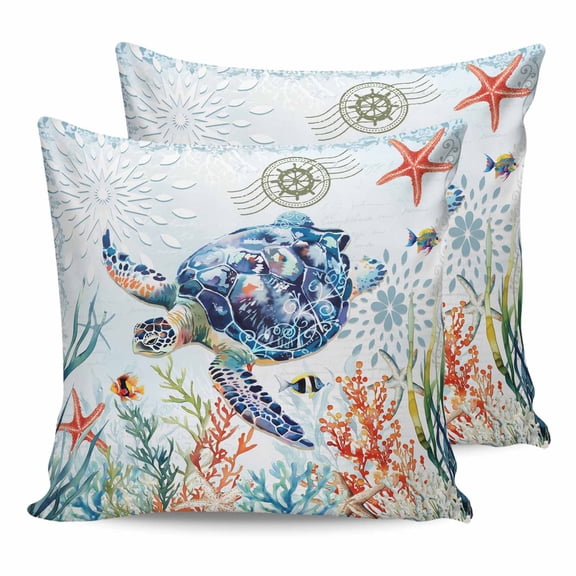 Sea Turtle Coastal 20x20 Pillow Covers Set of 2, Summer Beach Coral Ocean Nautical Throw Pillow Covers Decorative Couch Cushion Case, Microfiber Square Pillowcases for Bedroom Car Living Room