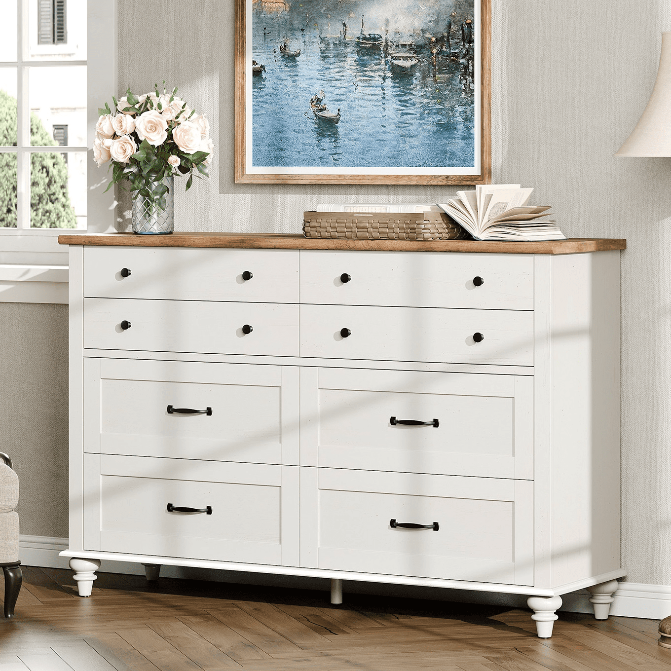 Mid Century Dresser with 8 Drawers, Wooden Kids Dresser for Kids Room Living Room, White