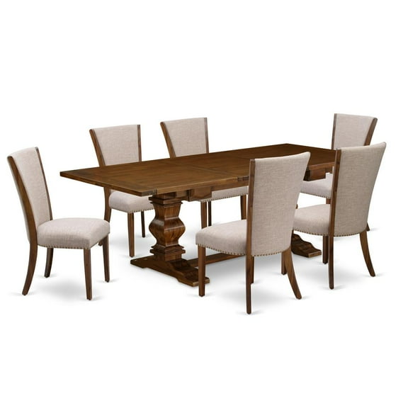 East West Furniture LAVE7-88-04 7Pc Dining Set Consists of a Wood Table and 6 Parson Dining Chairs with Light Tan Color Linen Fabric, Medium Size Table with Full Back Chairs, Antique Walnut Finish
