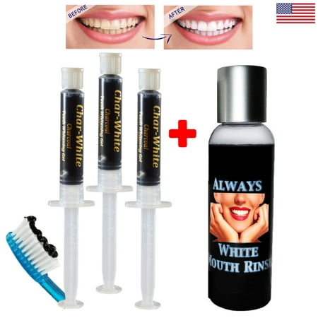Natural Teeth Whitening Activated Charcoal Gel ( Qty 3 ) + Mouth Rinse for Freshens Breath, Strengthens and Restores Enamel, Polishes away Stains - Made in (Best Way To Strengthen Tooth Enamel)