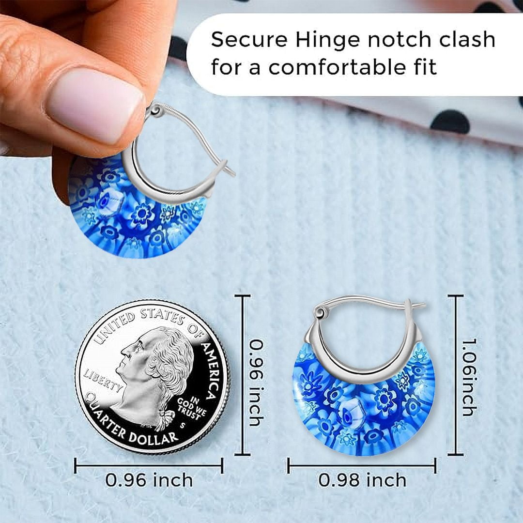 Blue Murano Style Millefiori Glass Hoop Earrings for Women Daisy Flower Stainless Steel Jewelry Ct. 30 Birthday Christmas Gifts