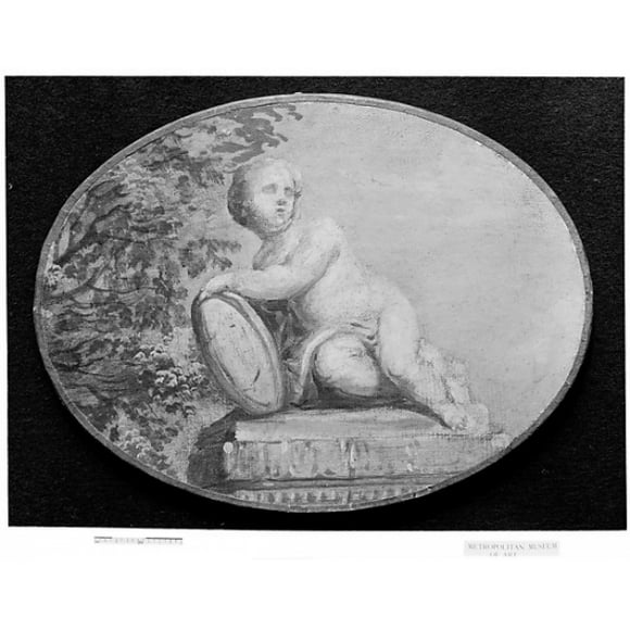 Putto on a pedestal against background of verdure Poster Print by French Painter , 18th century (18 x 24)