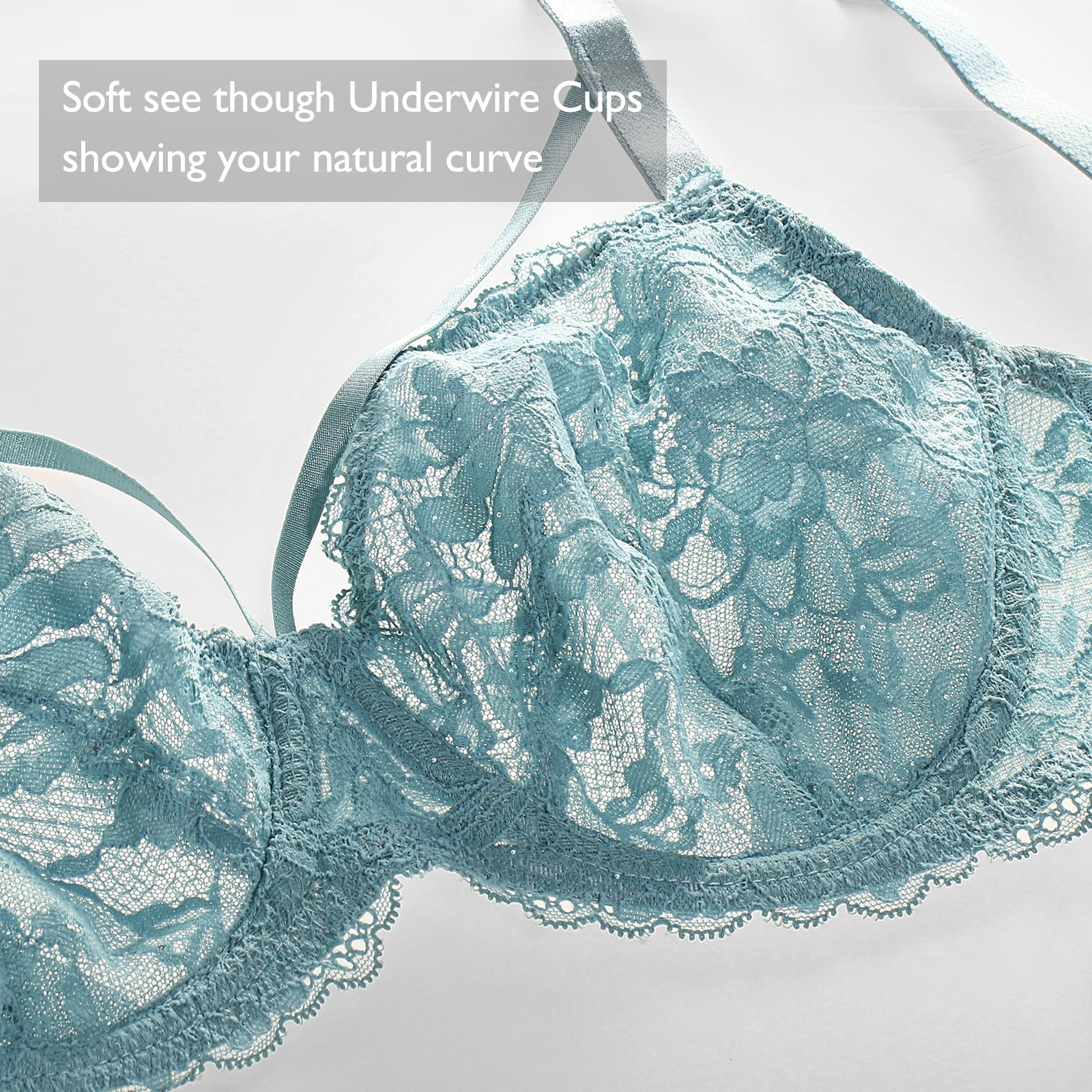 Exerin Women's Sexy Lace Bras Underwire Plus Size See Through Mesh Sheer Bra(38D,Blue)