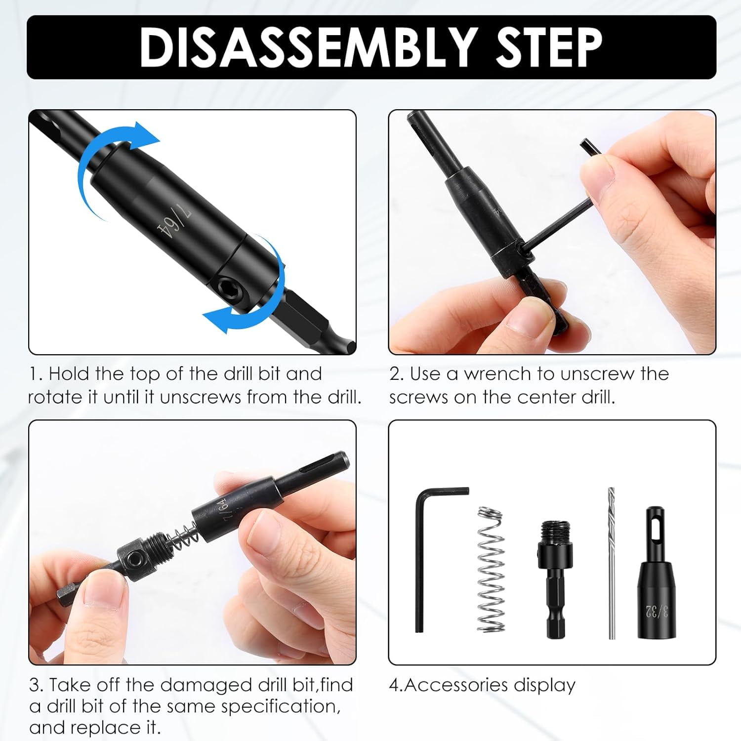 ABCISI 18 PCS Self Centering Hinge Drill Bit Set, 6 PCS 1/4" Hex Shank VIX Bit & 10 PCS 1/64”-5/64” Hinge Center Drill Bits & 2 PCS Hex Key for Woodworking Wood Cabinet Window Door