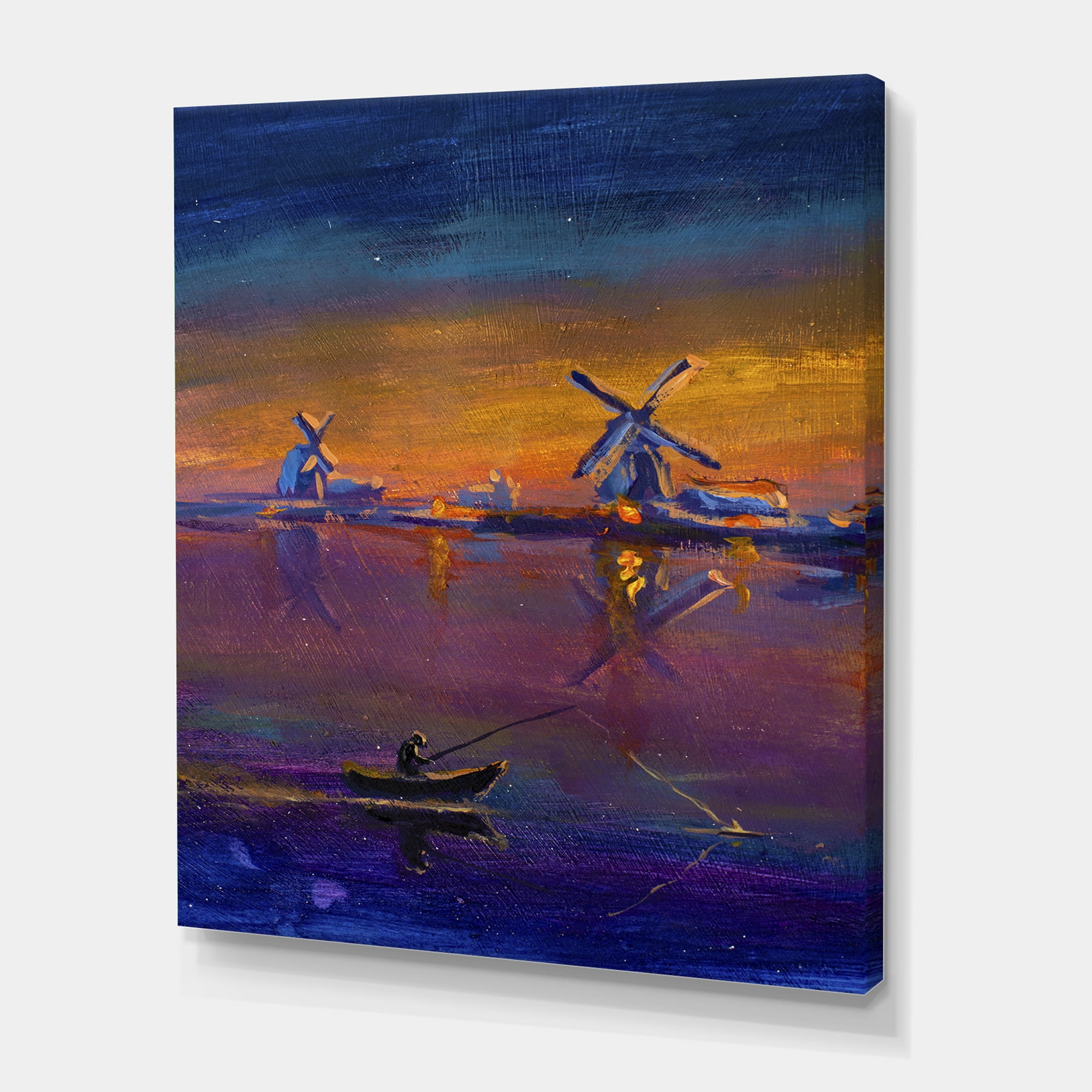 Evening Fishing Near The Traditional Windmill 8 in x 12 in Painting Canvas Art Print, by Designart