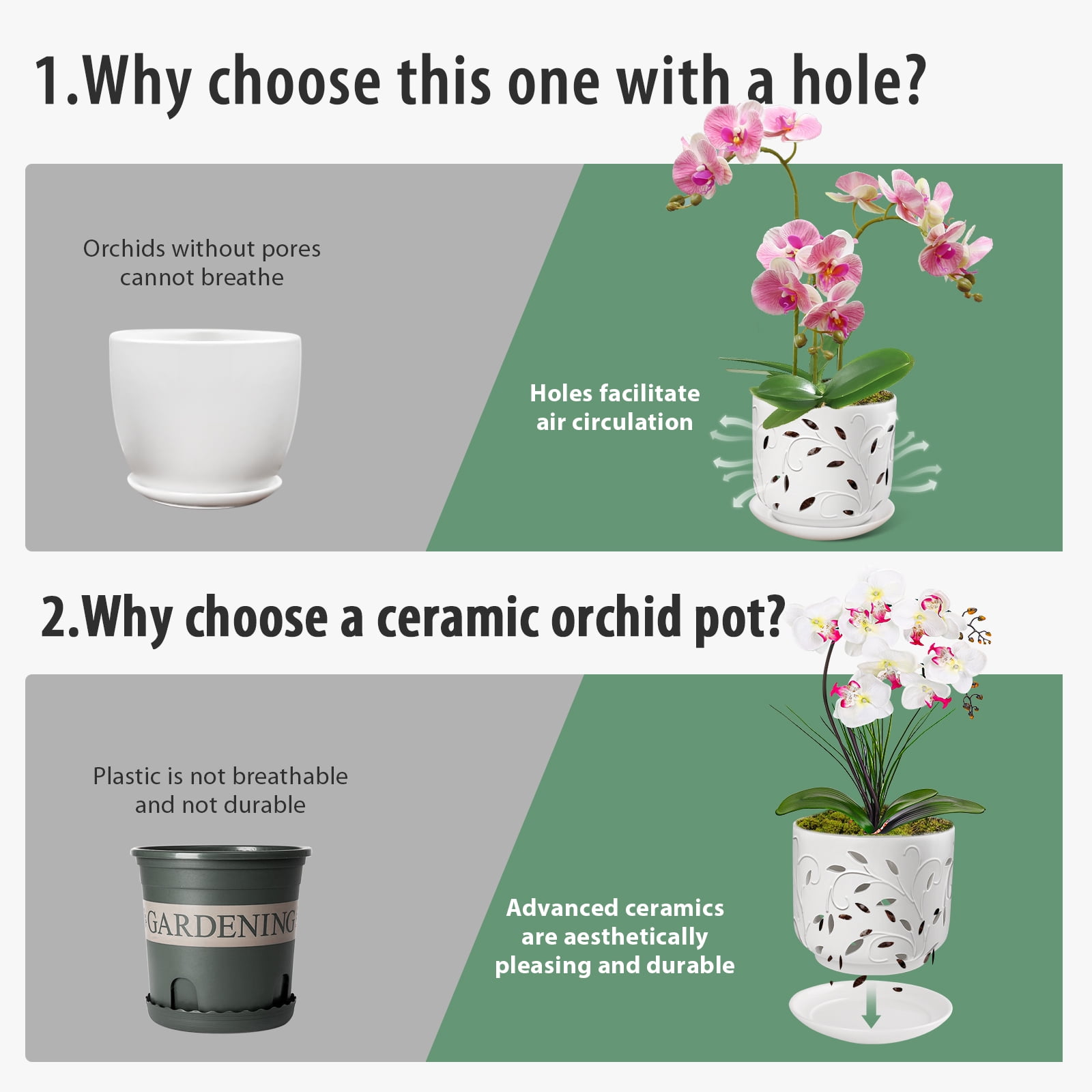 BUYMAX orchid pot, 7 inch ceramic planter with drainage holes and tray, white indoor/outdoor flower pot for orchid care and root health
