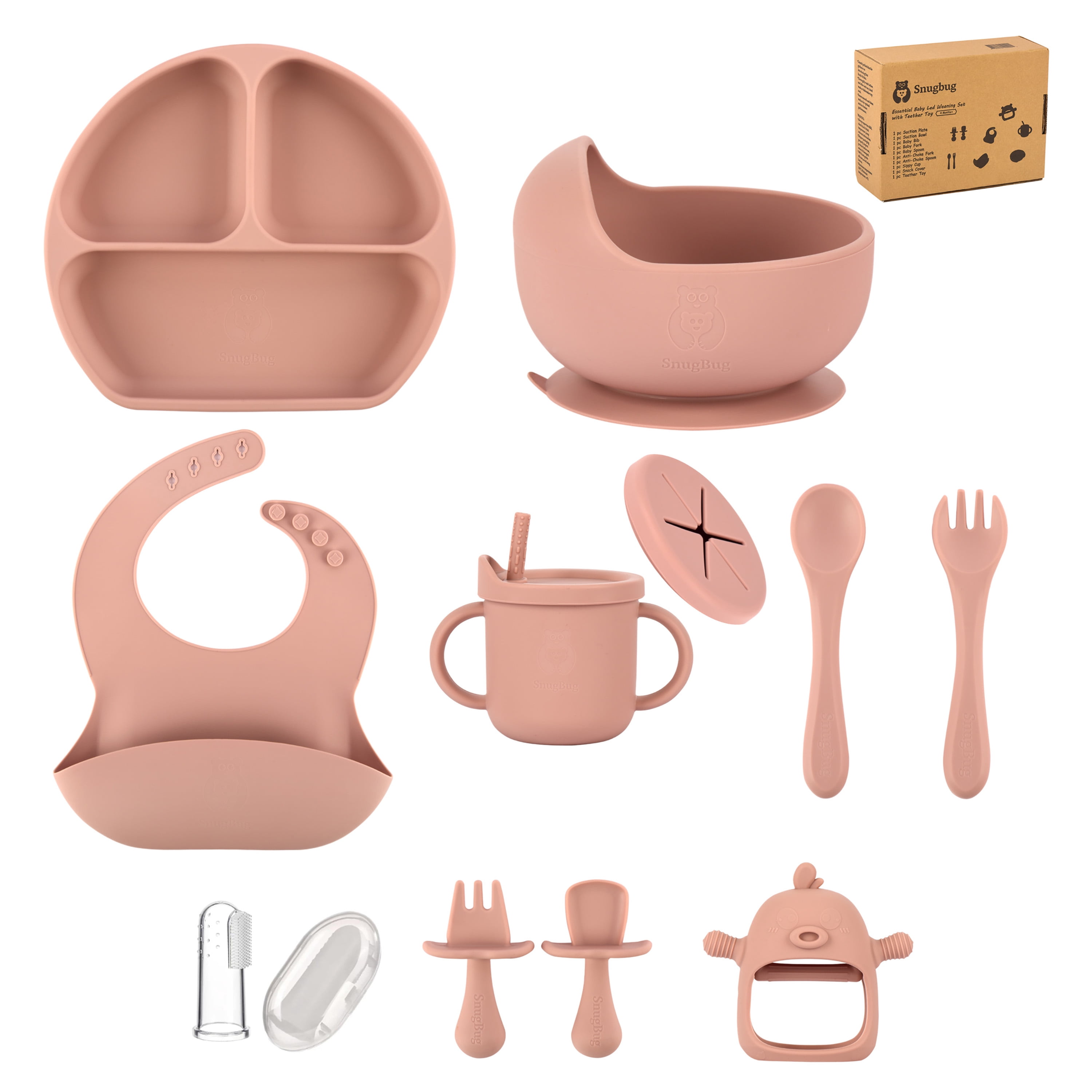 SnugBug 12-Piece Silicone Baby Bib Set with Sippy Cup, Plates, Bowl and Teething Toy