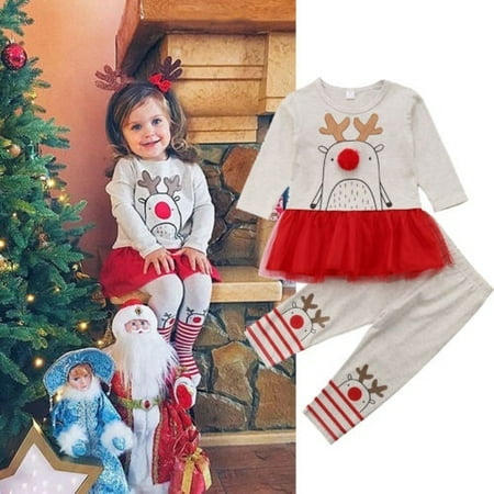 Christmas Kid Baby Girl Lace Tutu Dress Top+Pants Outfit Clothes Set Costume 0-5Years