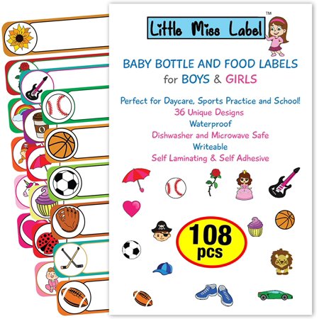 108-PACK Baby Bottle Labels, Daycare Labels. Name Labels / Clothing Labels for Daycare, School, Sports, Kids Gear. Waterproof, Self Laminating, & Heat Resistant!