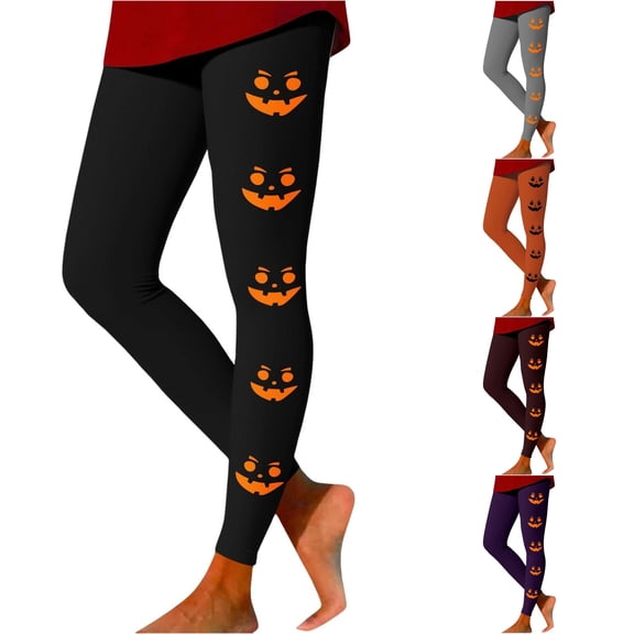 Trendfront Womens Halloween Graphic Leggings High Waisted Pumpkin Face Print Full Length Stretch Casual Leggings