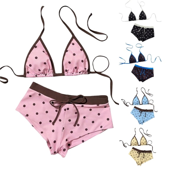 FINALGANG Womens Triangle Halter Polka Dot Print 2 Piece Bikini Swim Set Tie String Swim Top Drawstring Boyshort Brief Summer Swimwear For Beach Trip Leisure Swimwear S
