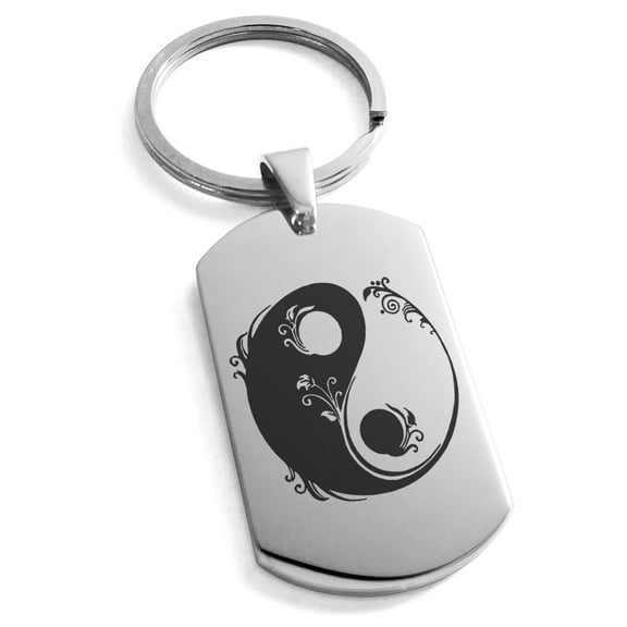 Stainless Steel Floral Yin Yang Engraved Dog Tag Keychain Keyring