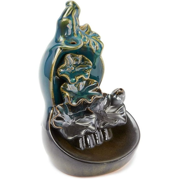 Ceramic Backflow Flower Waterflow Incense Burner with 15 Cones (4.4 x 7.7 Inches)