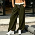 thumbnail image 3 of HomeDM Women's Sweatpants Wide Leg Baggy Thin Fleece Lounge Sweat Pants Elastic Waist Drawstring Joggers with Pockets Army Green L, 3 of 8
