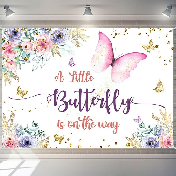 A Little Butterfly is on The Way 7x5ft Baby Shower Backdrop Photo Purple and Pink Floral Gold Spots Flowers Princess Photography Background Girl Party Decoration Banner