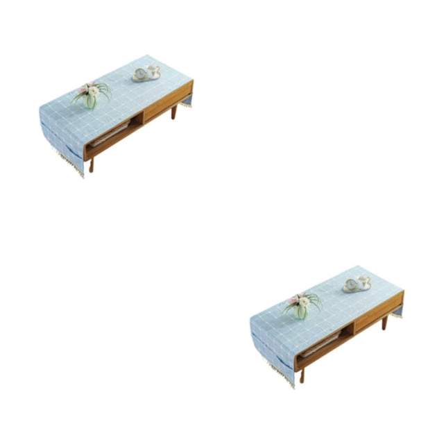 stanreset 1/2/3/5 Cotton Linen Tablecloth with Side Storage Pocket Rectangular TV Cabinet Mat Tea Desktop Fringe Waterproof Table Cloth for 60*160cm,Embroider/Light blue 2PCS
