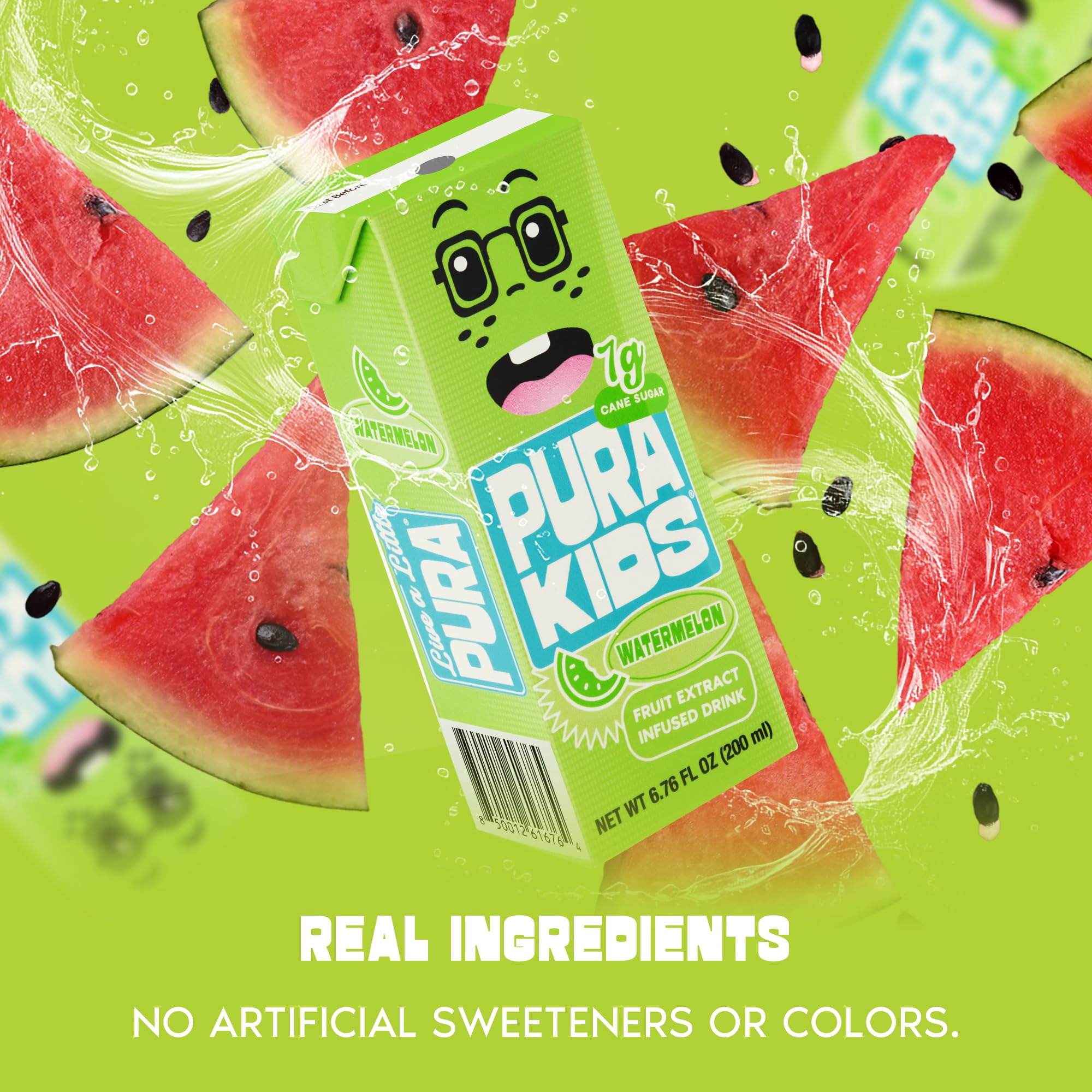 PURA Kids Juice Box | Watermelon Fruit Extract Juice Drink for Kids | 7g Pure Cane Sugar | Non-GMO | Vegan | No Artificial Sweeteners | Lunchbox Juice with Paper Straw | 6.76 Fl Oz (200ml),Pack of 24