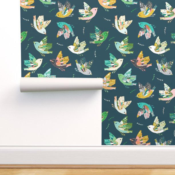 PeelandStick Removable Wallpaper Folk Birds At Night Blue Bird