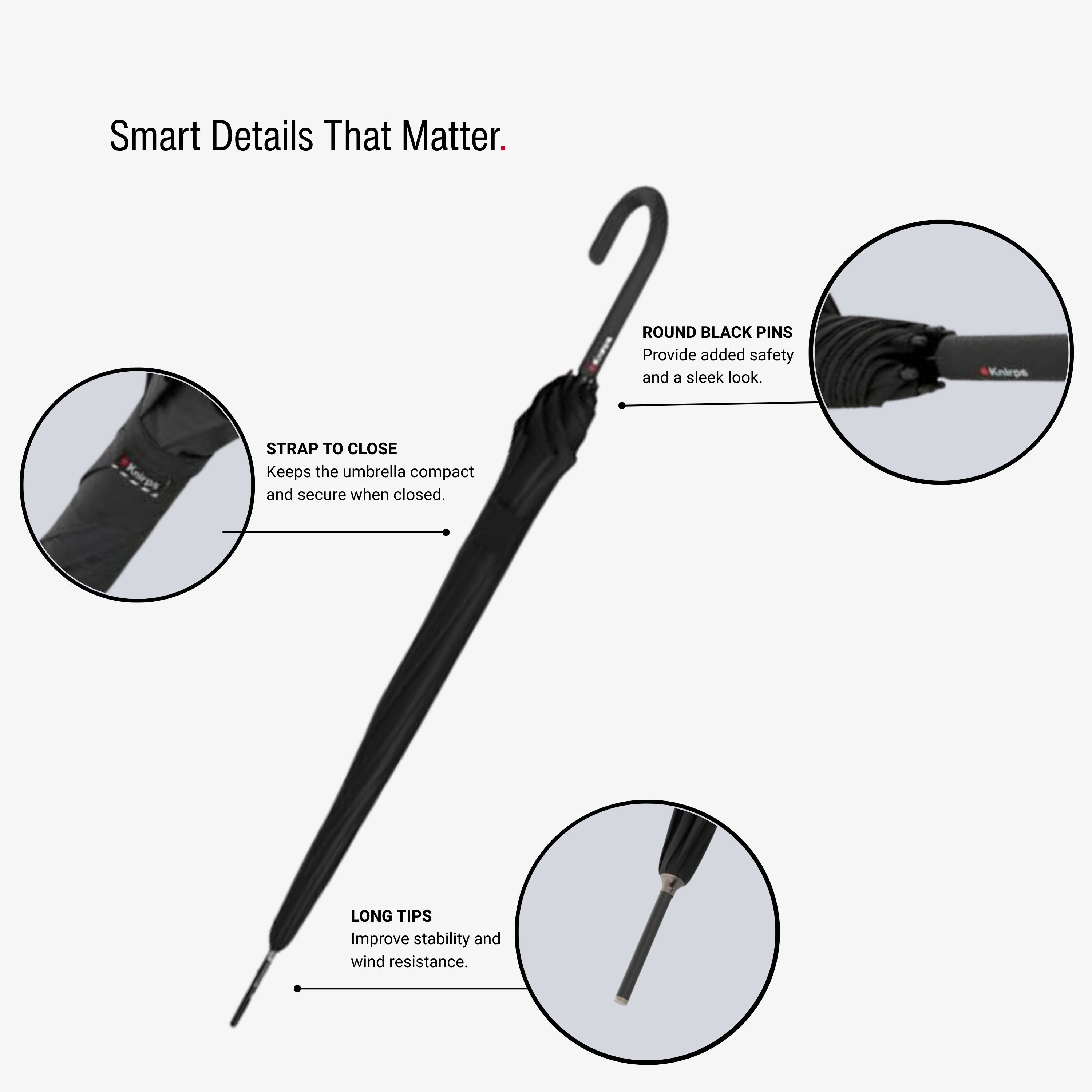 Knirps A.760 Curved Handle Rain Umbrella for Adults in Black – 42" Windproof Automatic Open Canopy, Ultra Lightweight Steel Aluminum Frame with Large Button, Rounded Tips, Polyester Case Included