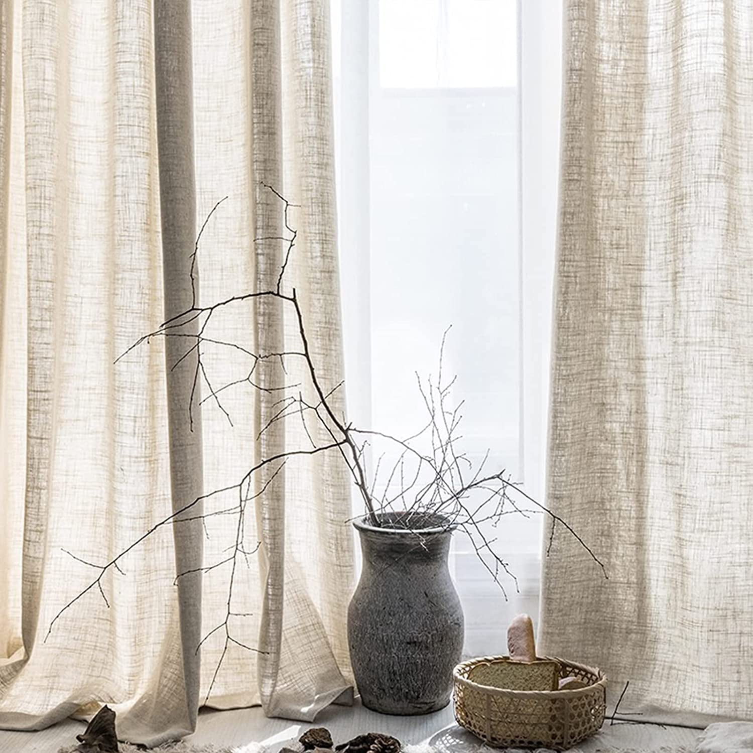 Bohogeo Natural Linen Curtains Long Back Tab Semi Sheer Curtain Drapes, Elegant Casual Linen Textured Window Treatments Panels/Drapes 2 Panels, Beige, 40''x84''