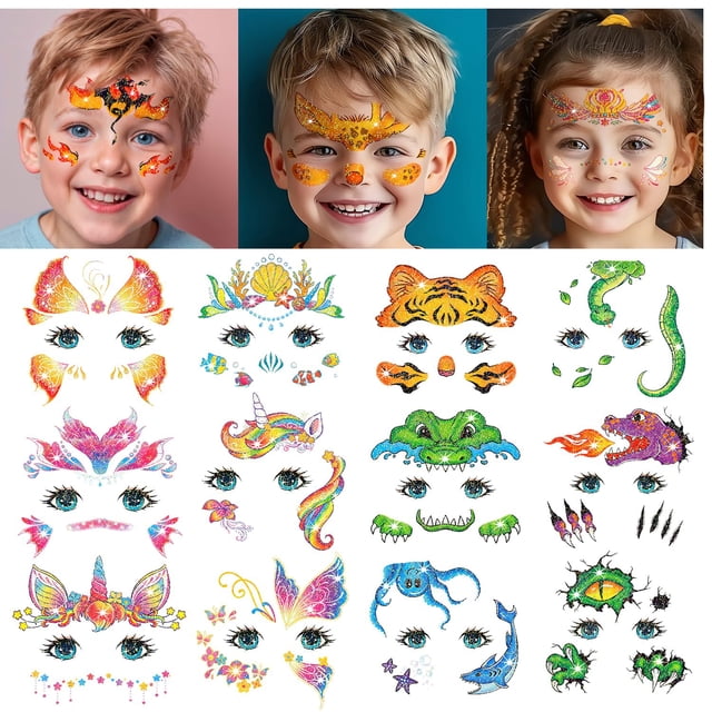 Tatuajes temporales Leesgel Glitter Face para niños, 24 hojas