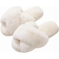 thumbnail image 1 of Pantuflas peludas para mujer con banda cruzada y espuma viscoelástica, zapatillas de casa con punta abierta, 1 of 5